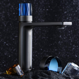 Gunmetal CRYSTAL Series H59A Basin Faucet full view showing premium 59-1 copper body, crystal handle, Wanhai cartridge, Swiss Neuper aerator, and 304SS hose