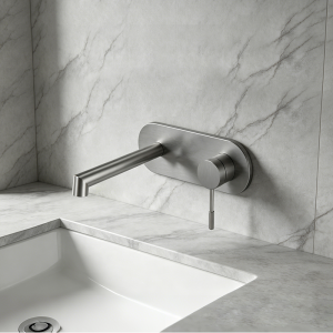 Full view of RING Series round plate wall mounted basin faucet