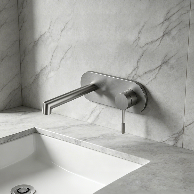 Full view of RING Series round plate wall mounted basin faucet